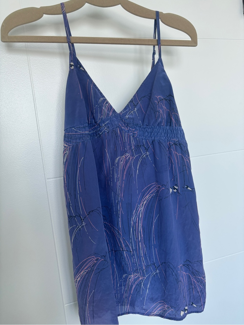 Silk Spaghetti Strap Slip Dress/Top with Abstract Bird Print XS